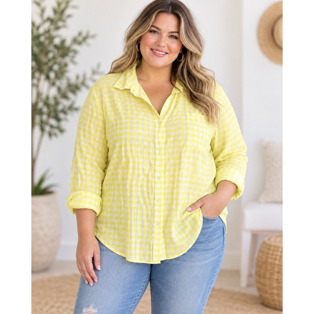 Talbots Yellow Gingham Check Cotton Top 2X Nantucket Preppy Cottage Button Down